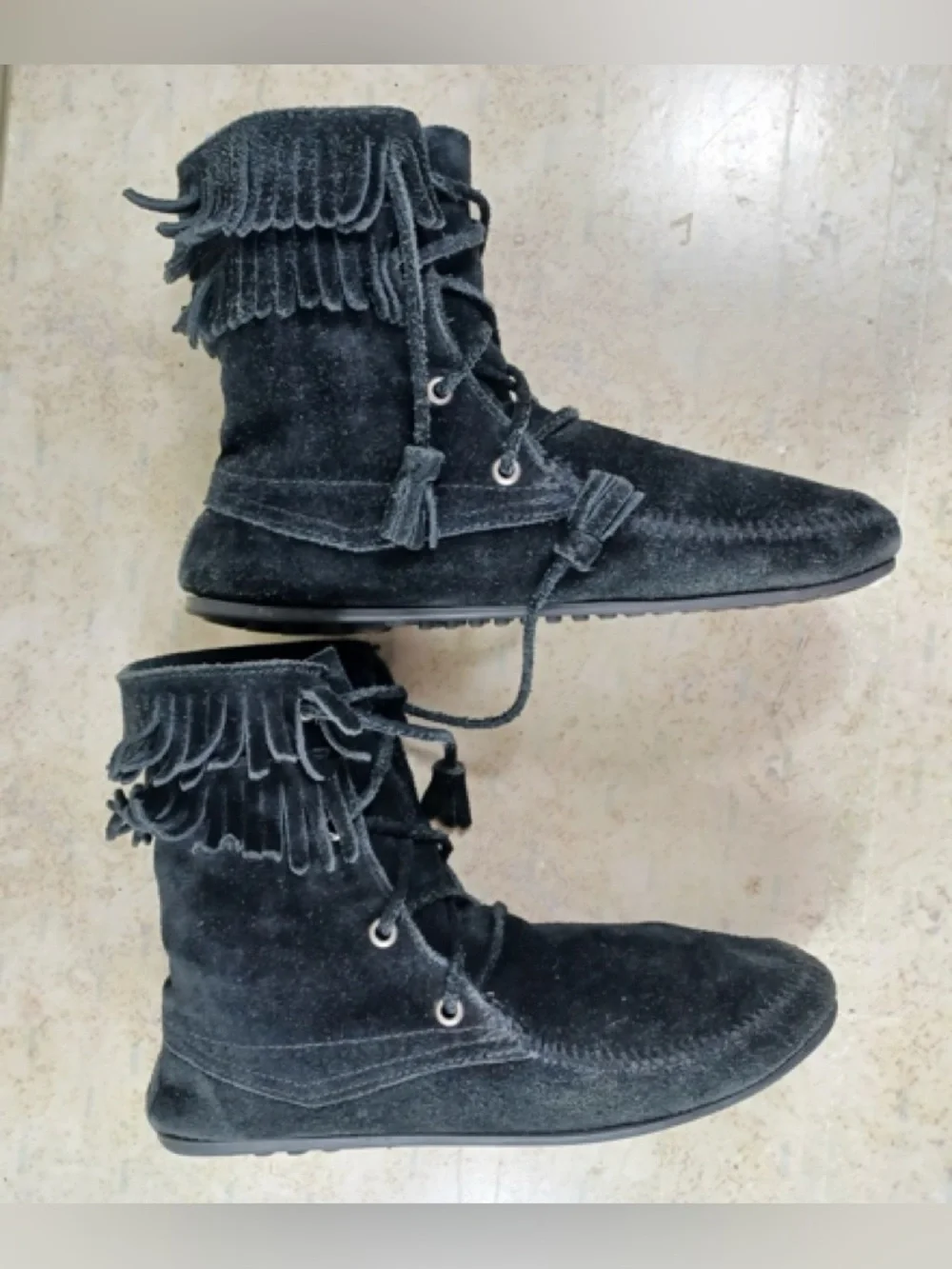 Minnetonka black Suede Fringe Lace-Up Moccasins - Picture 6 of 11